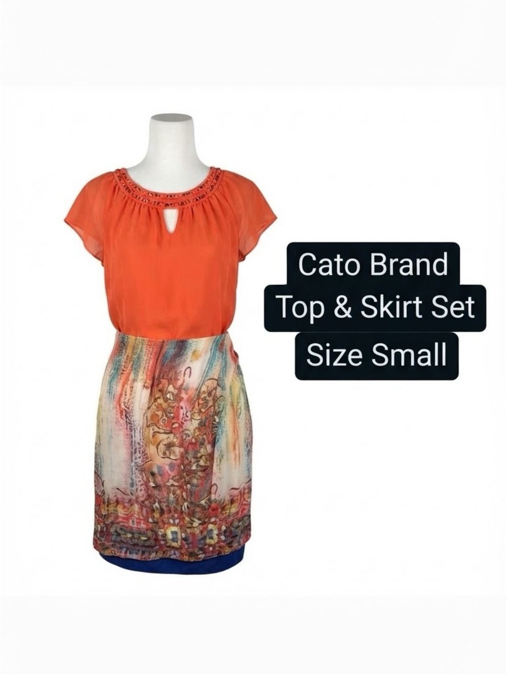 Cato Orange Short-Sleeve Blouse with Multicolor Printed Skirt